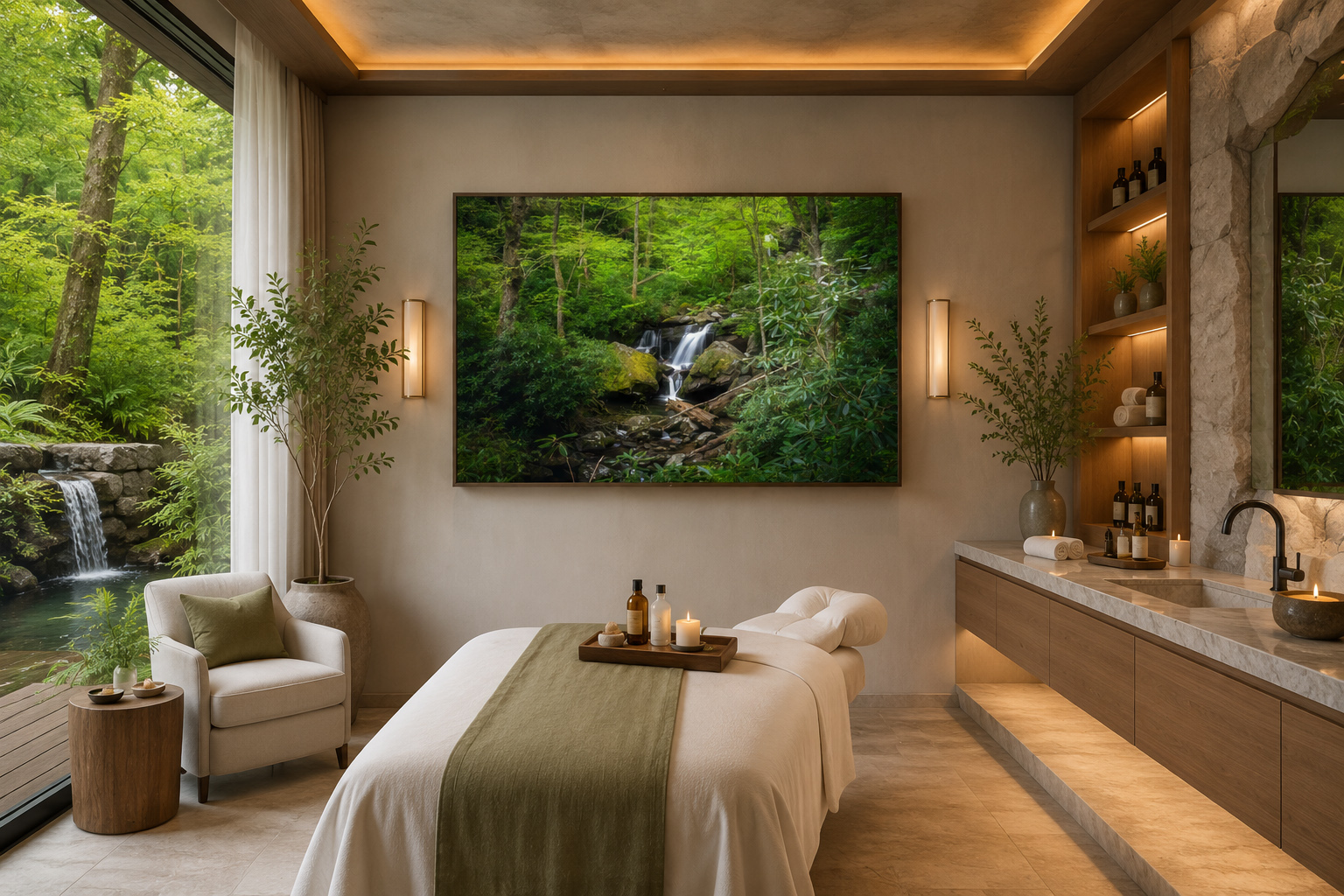 Green forest waterfall photography print displayed in a luxury spa treatment room